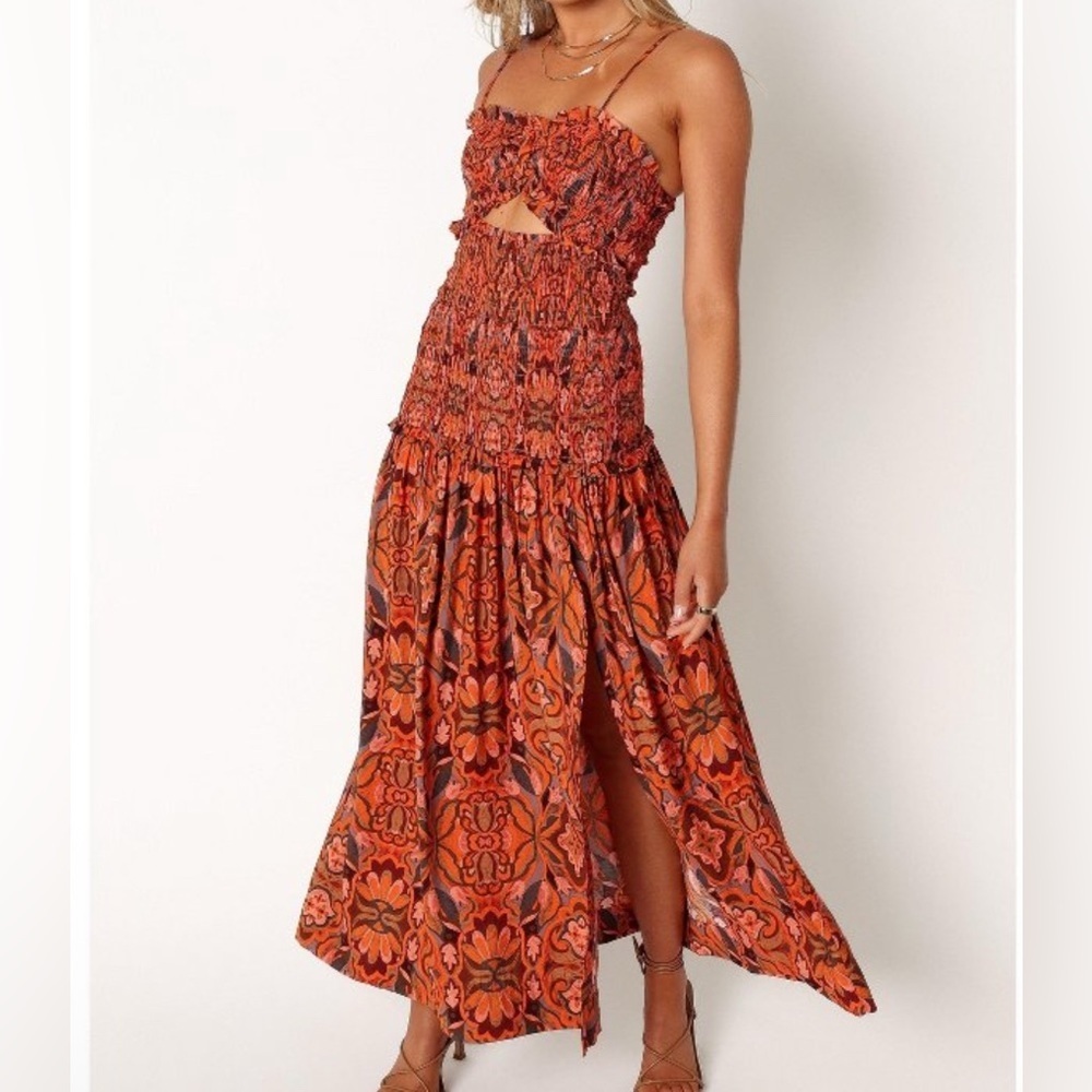 Dress Forum Orange Floral Smocked Cutout Maxi Dress